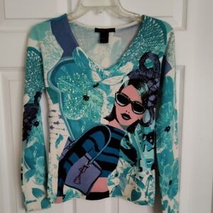 Stylish Blue Graphic Women Sweater With Sequin